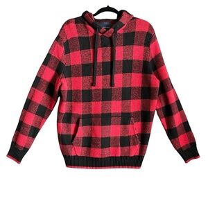American Eagle Men's Red and Black Buffalo Plaid Pullover Hoodie